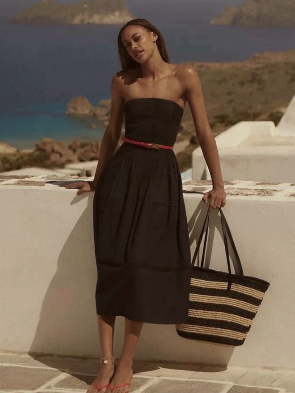 Anthropologie Black Strapless Poplin Pin-tuck Midi Dress Size 3X